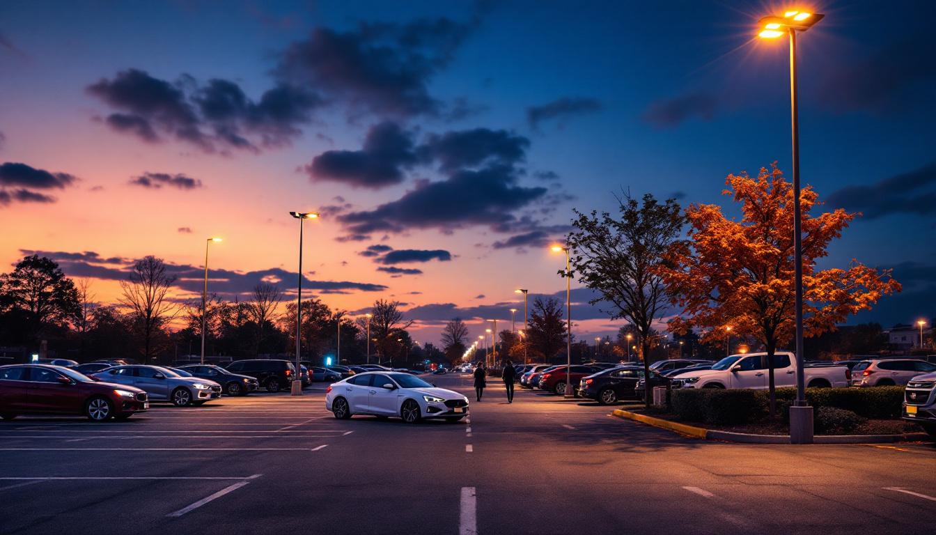 A photograph of a well-lit parking lot at dusk