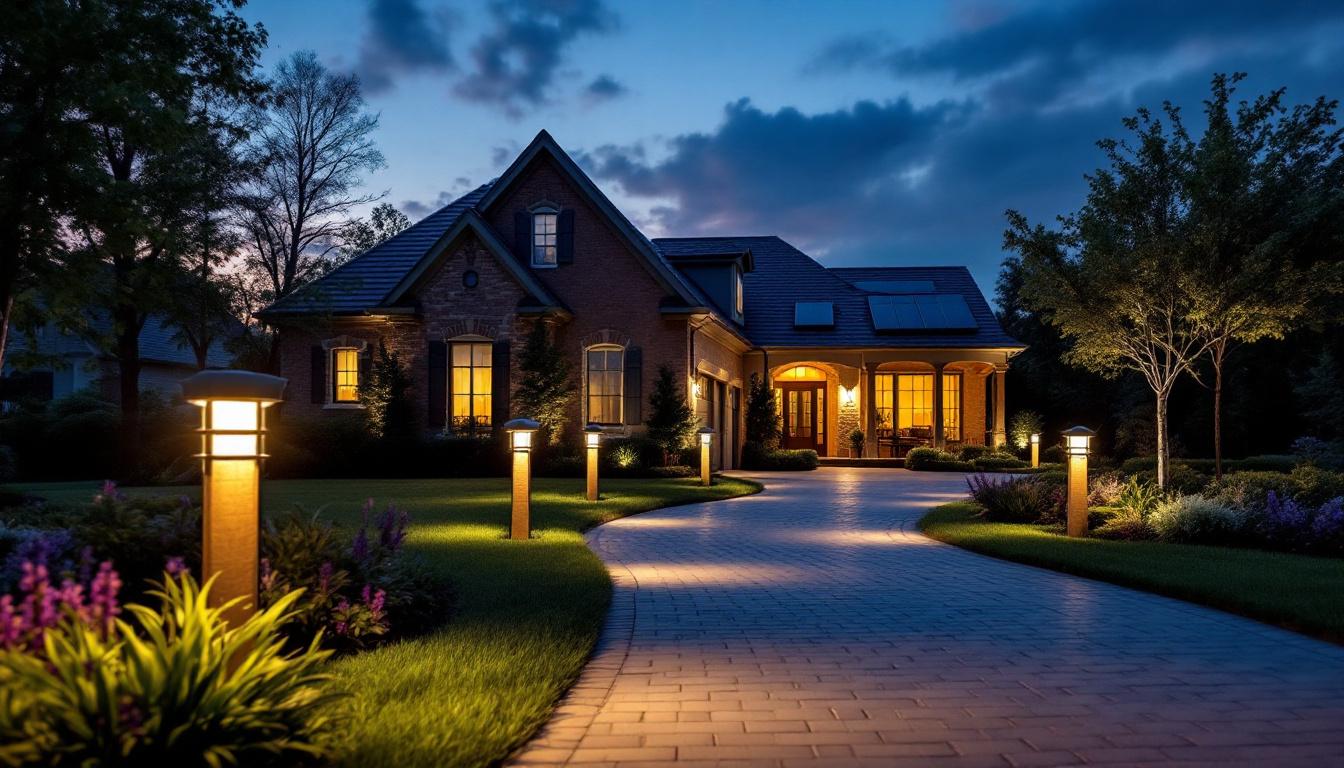 A photograph of a beautifully illuminated driveway at dusk