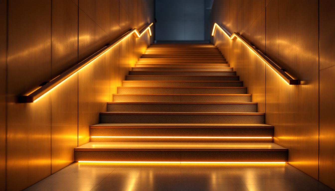 A photograph of a well-lit stairwell showcasing led lights strategically installed along the steps and walls