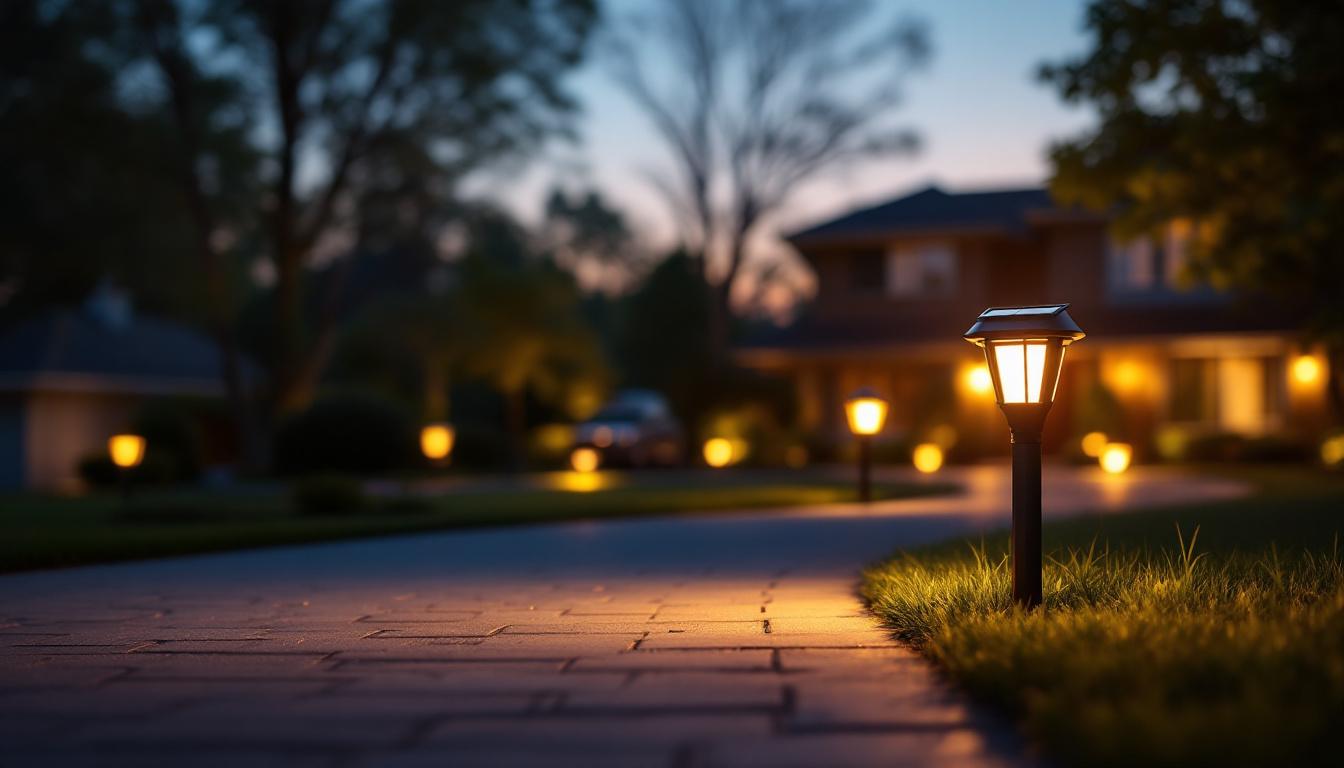 A photograph of a well-lit driveway featuring solar marker lights in action during dusk