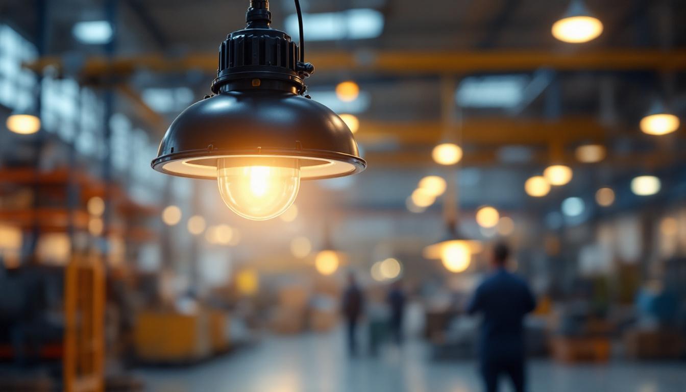 A photograph of an industrial lighting fixture in a well-lit manufacturing setting