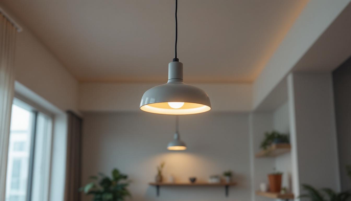 A photograph of a modern drop ceiling light fixture illuminating a stylish interior space
