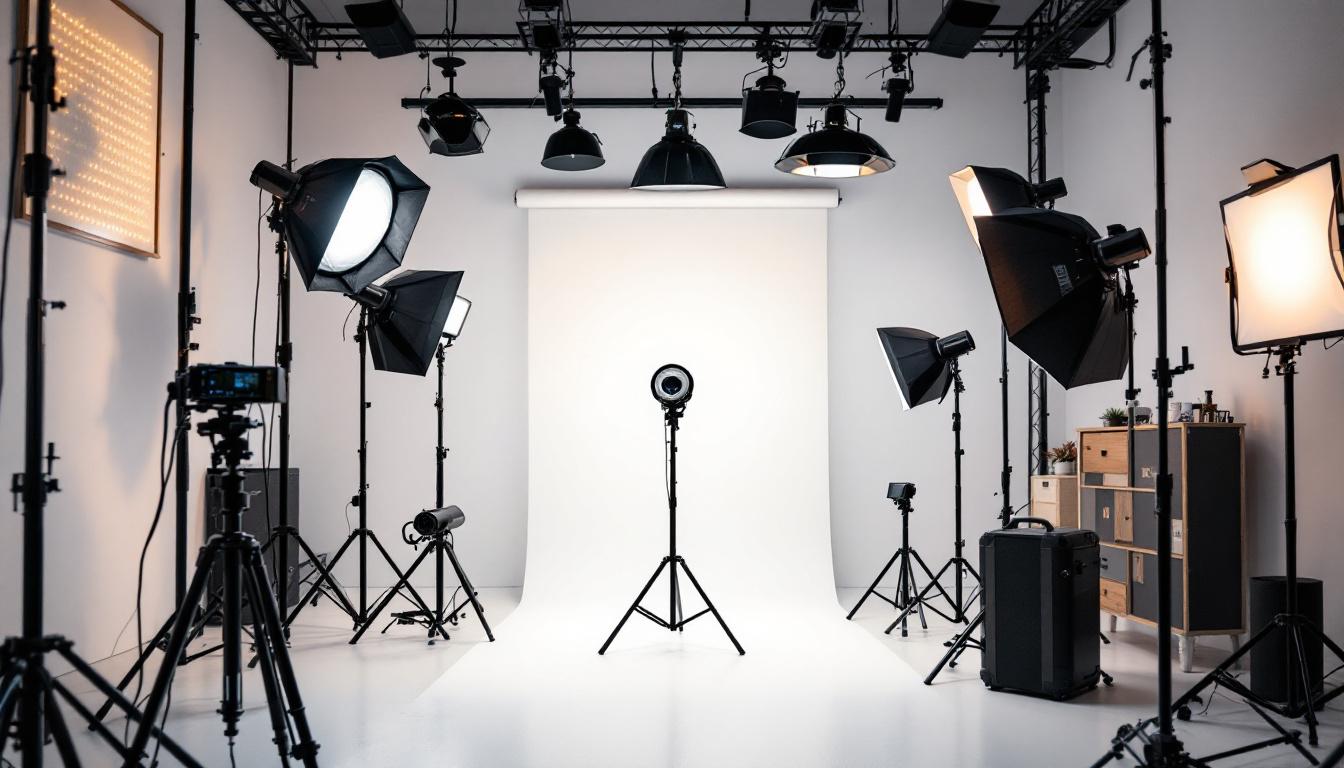 A photograph of a well-organized studio setup showcasing various lighting fixtures in use