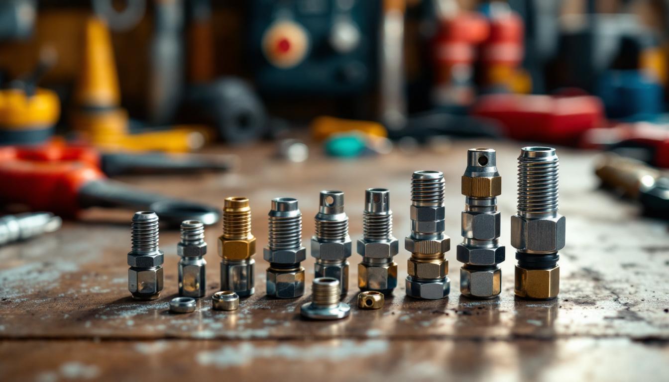 A photograph of a close-up of various washer plug types arranged aesthetically on a workbench
