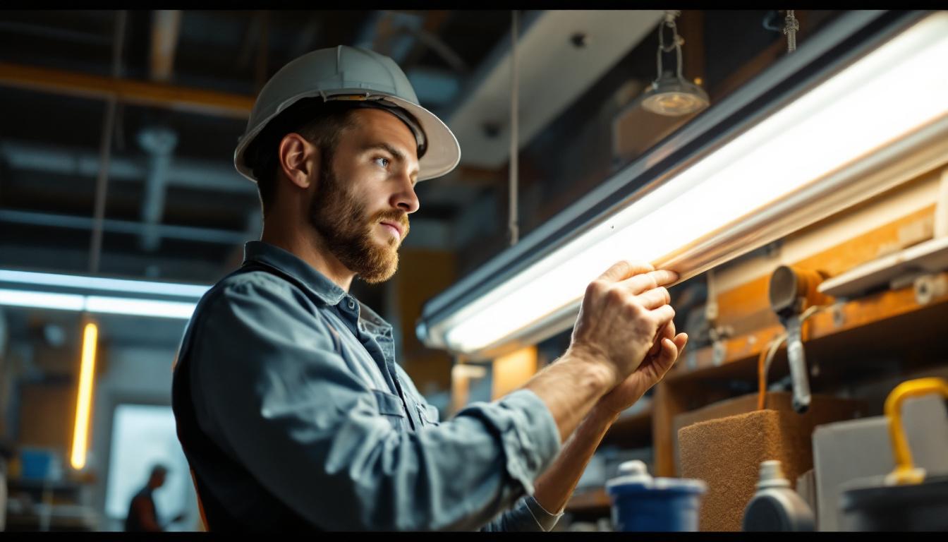 A photograph of a lighting engineer examining a fluorescent light fixture with an led retrofit kit