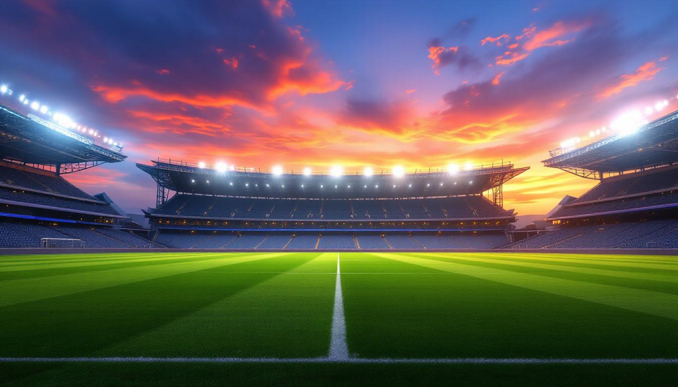 A photograph of a vibrant stadium at dusk