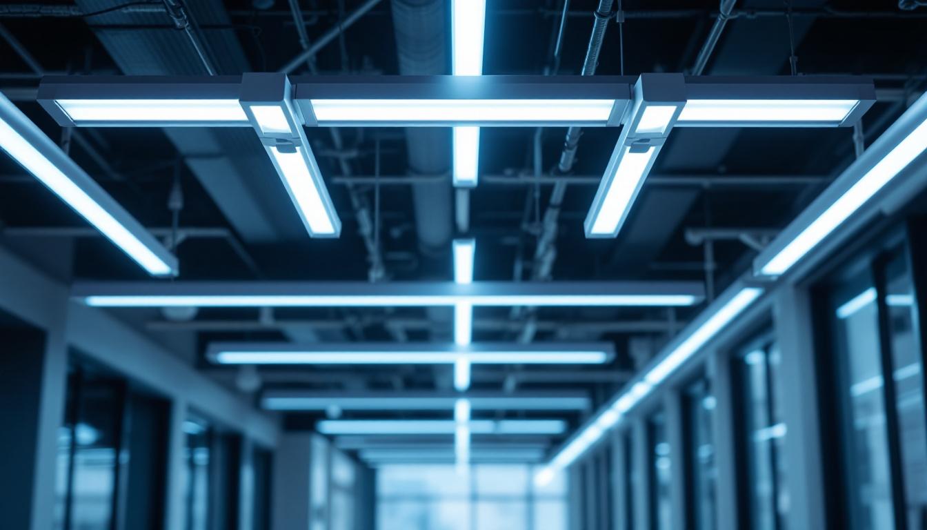 A photograph of a side-by-side comparison of led tube lights and traditional fluorescent tubes installed in a well-lit commercial space