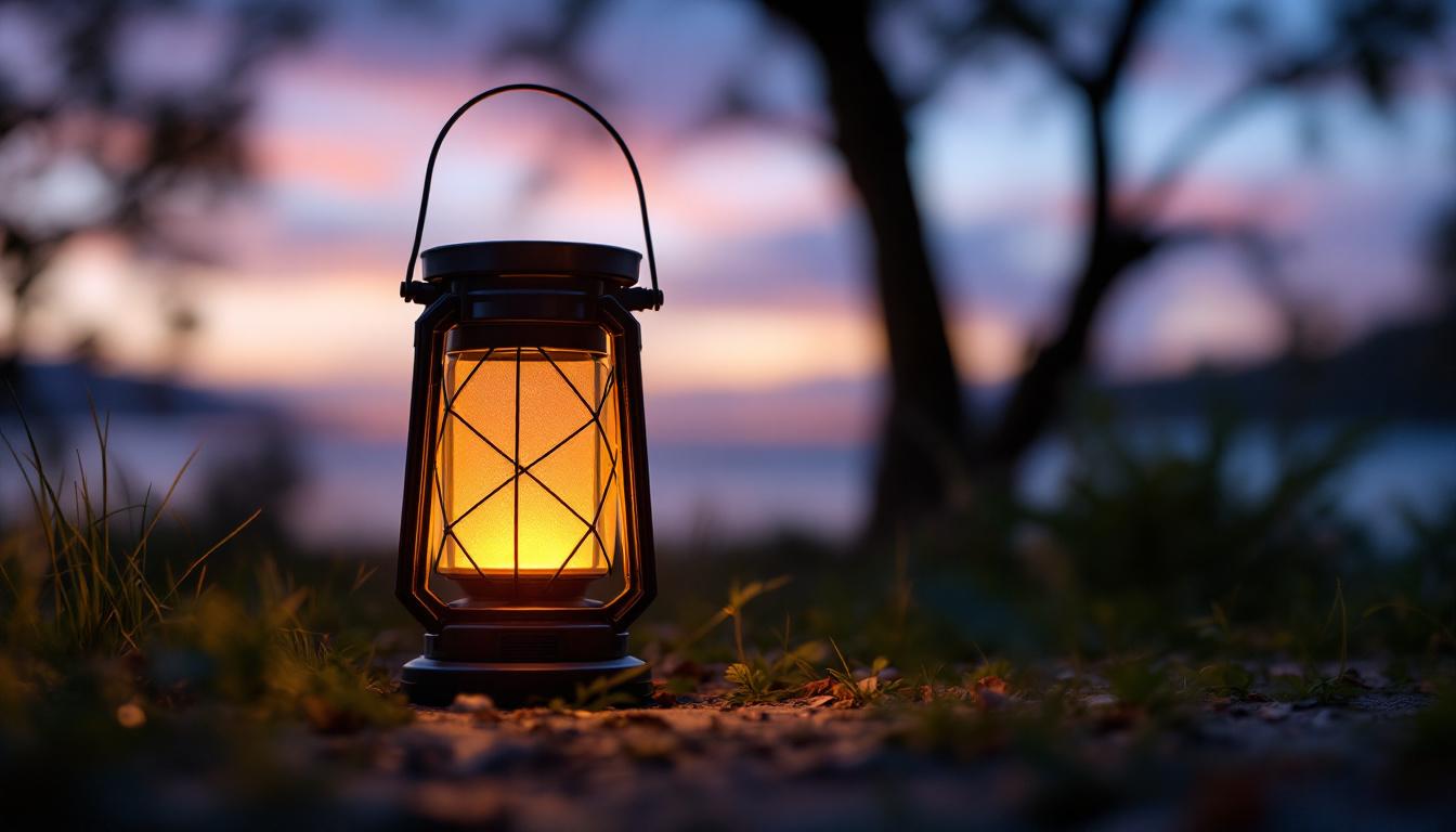 A photograph of a solar-powered rechargeable lantern glowing in a serene outdoor setting at dusk