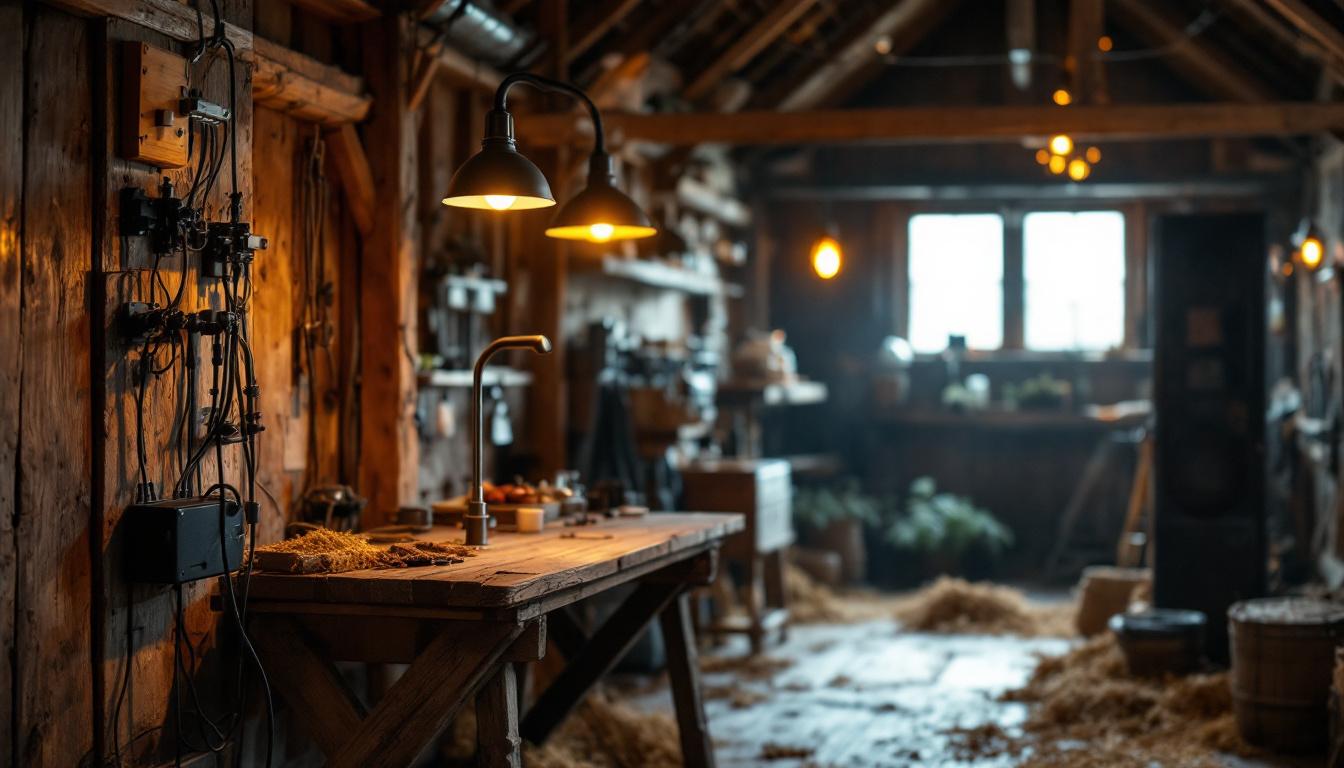 A photograph of a rustic barn setting featuring gooseneck lights in use