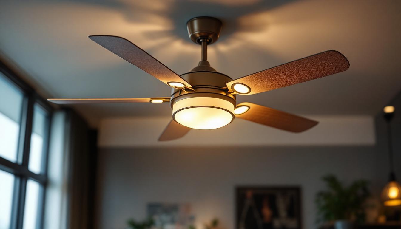 A photograph of a well-lit ceiling fan with integrated lighting