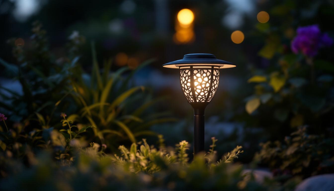 A photograph of a beautifully designed solar lamp illuminating a garden or outdoor space at dusk