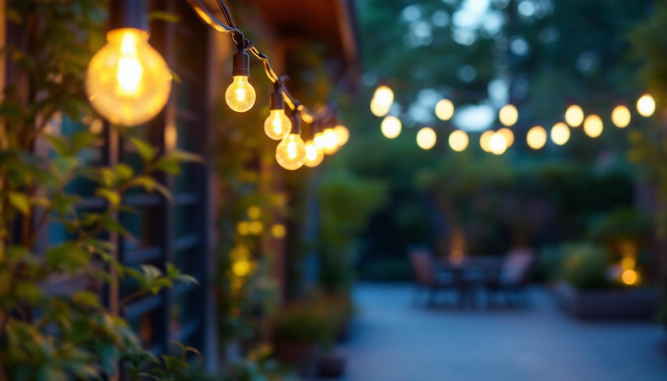 A photograph of a beautifully arranged outdoor scene featuring commercial led string lights elegantly integrated into an advanced lighting system
