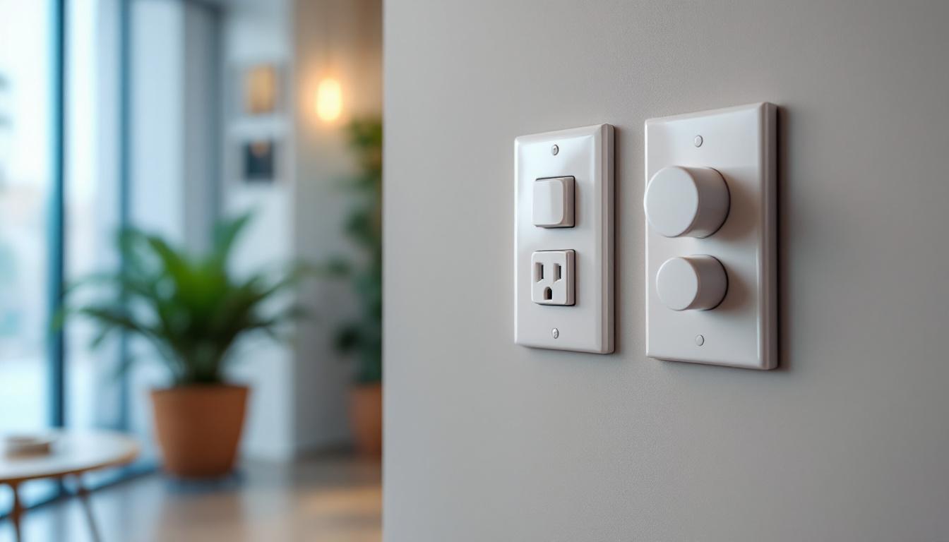 A photograph of a well-lit interior space featuring a variety of light switches and electrical outlets in use
