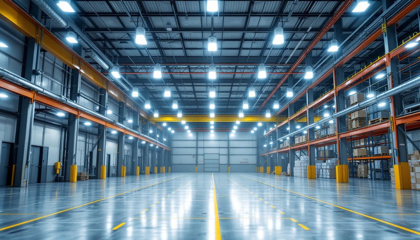 A photograph of a well-lit industrial space showcasing led highbay lights in action