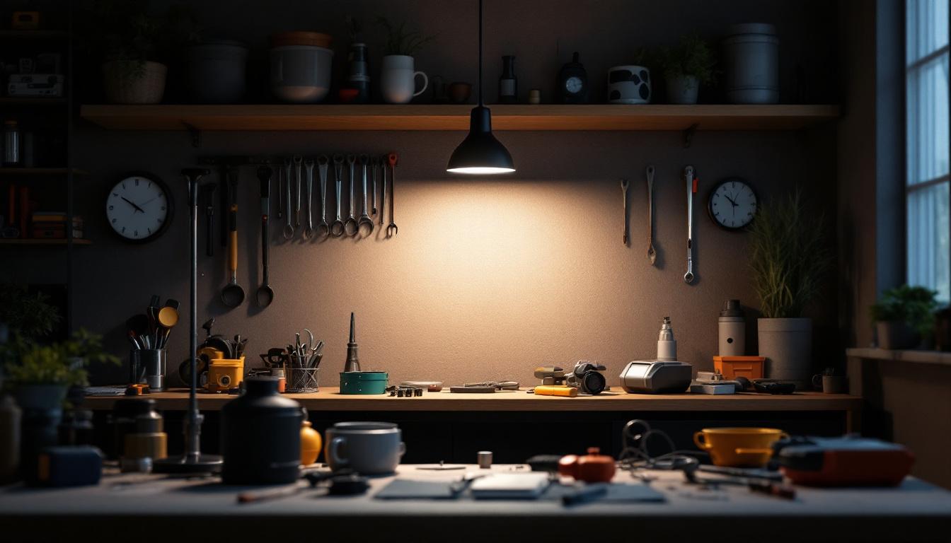A photograph of a well-lit workspace featuring a 4-foot led lamp illuminating various tools and equipment