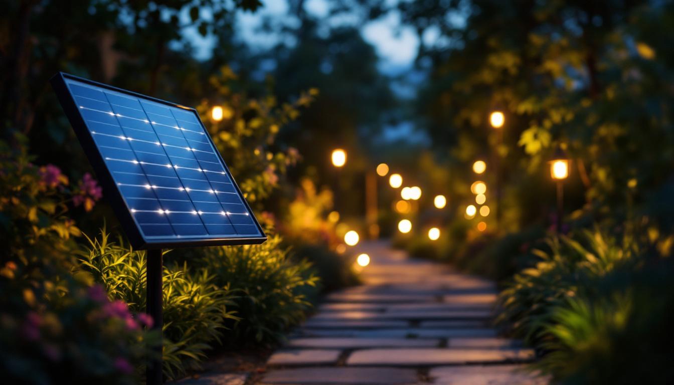 A photograph of a vibrant outdoor scene featuring a solar panel integrated with led lights illuminating a garden or pathway at dusk