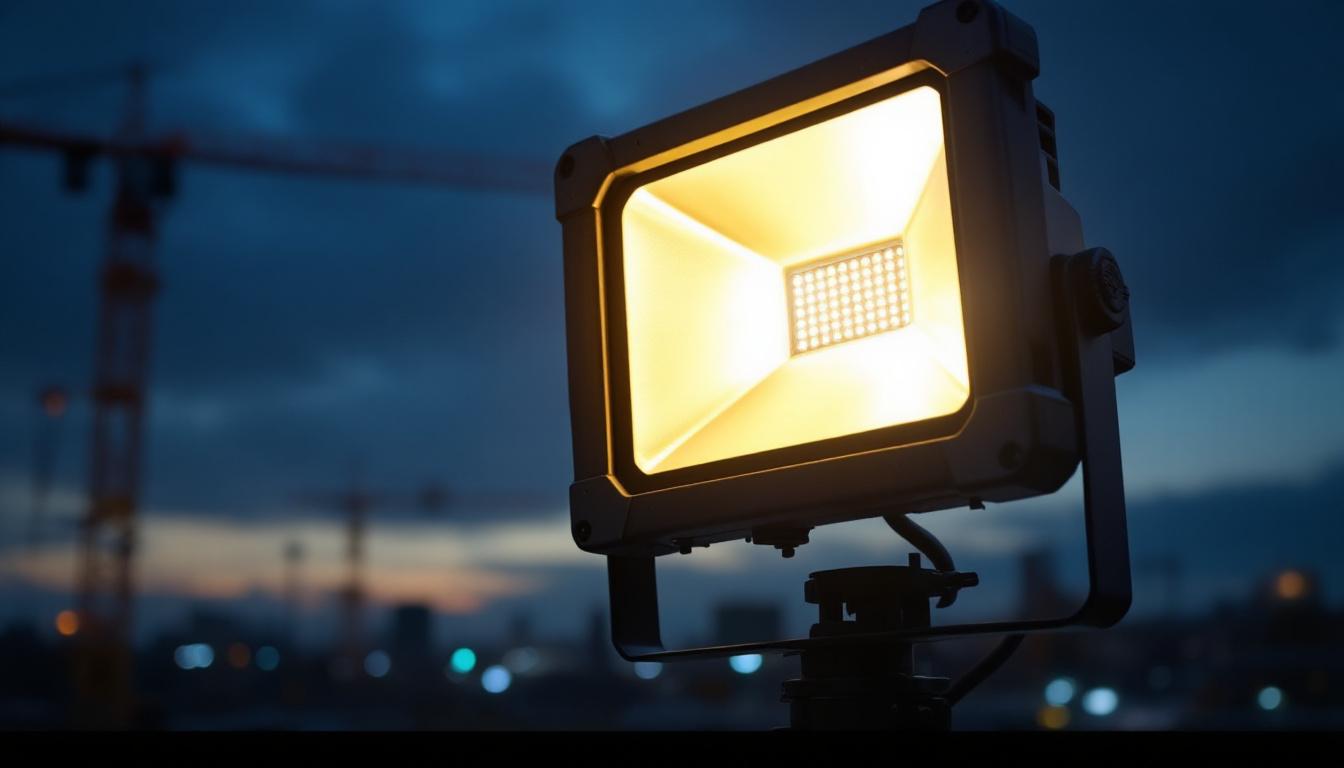 A photograph of a powerful industrial flood lamp in action