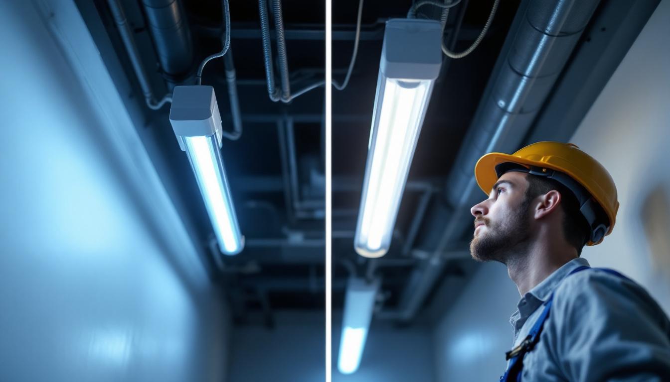 A photograph of a side-by-side comparison of a fluorescent tube and an led tube installed in a lighting fixture