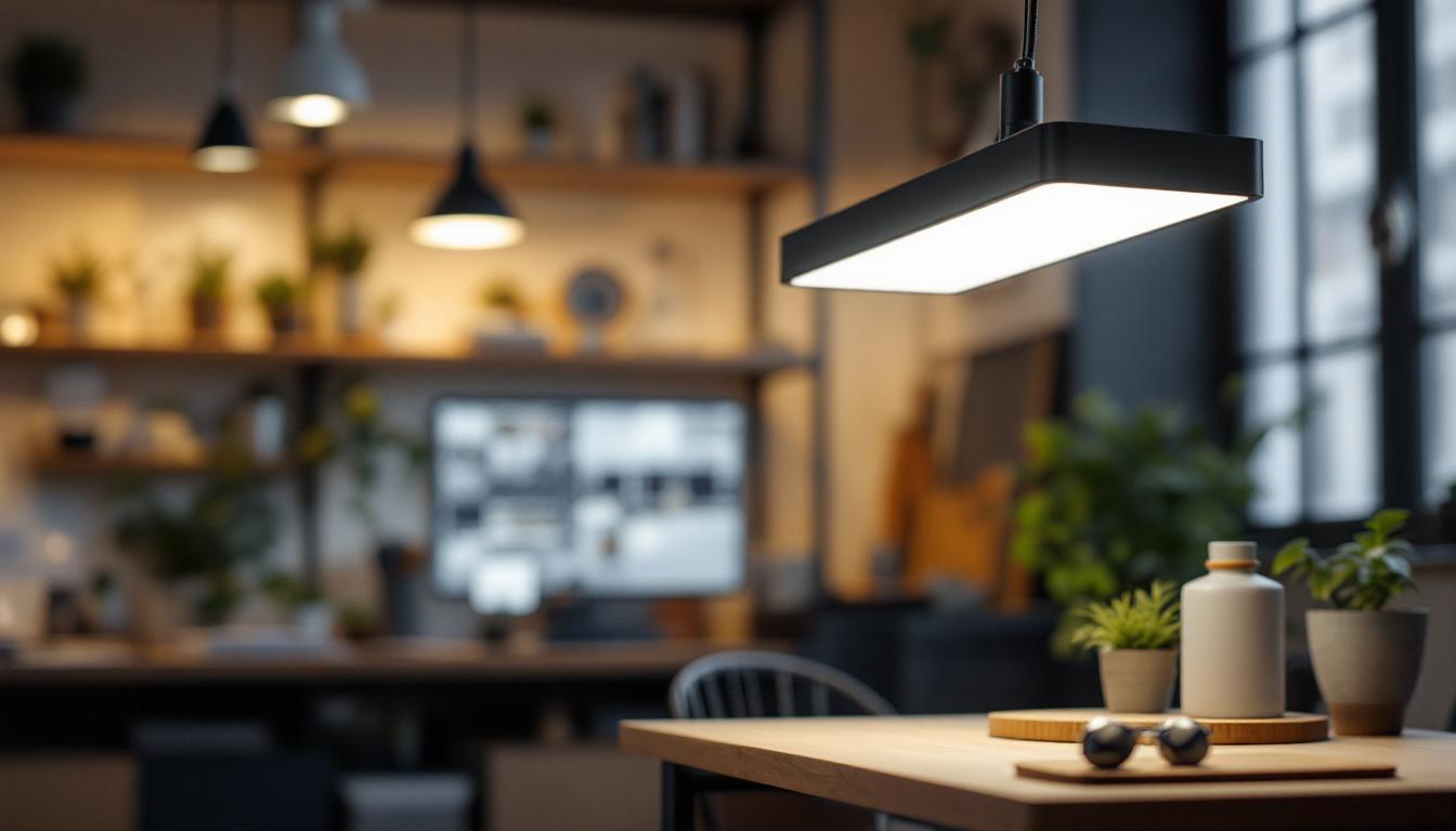 A photograph of a modern led shop light fixture in a well-lit workspace