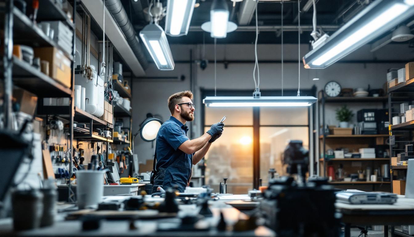 A photograph of a well-lit workspace featuring an engineer or technician installing a led retrofit fluorescent light kit