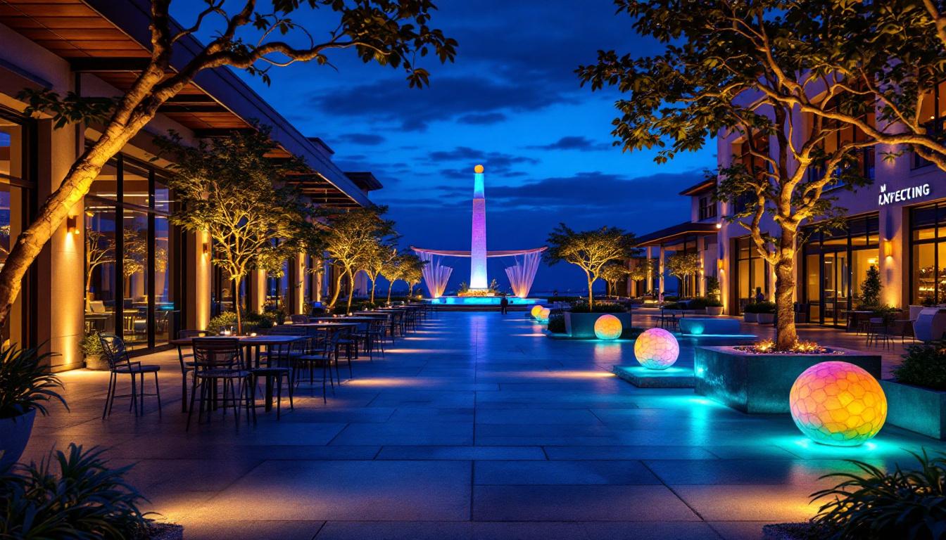 A photograph of a beautifully illuminated outdoor commercial space featuring advanced lighting systems