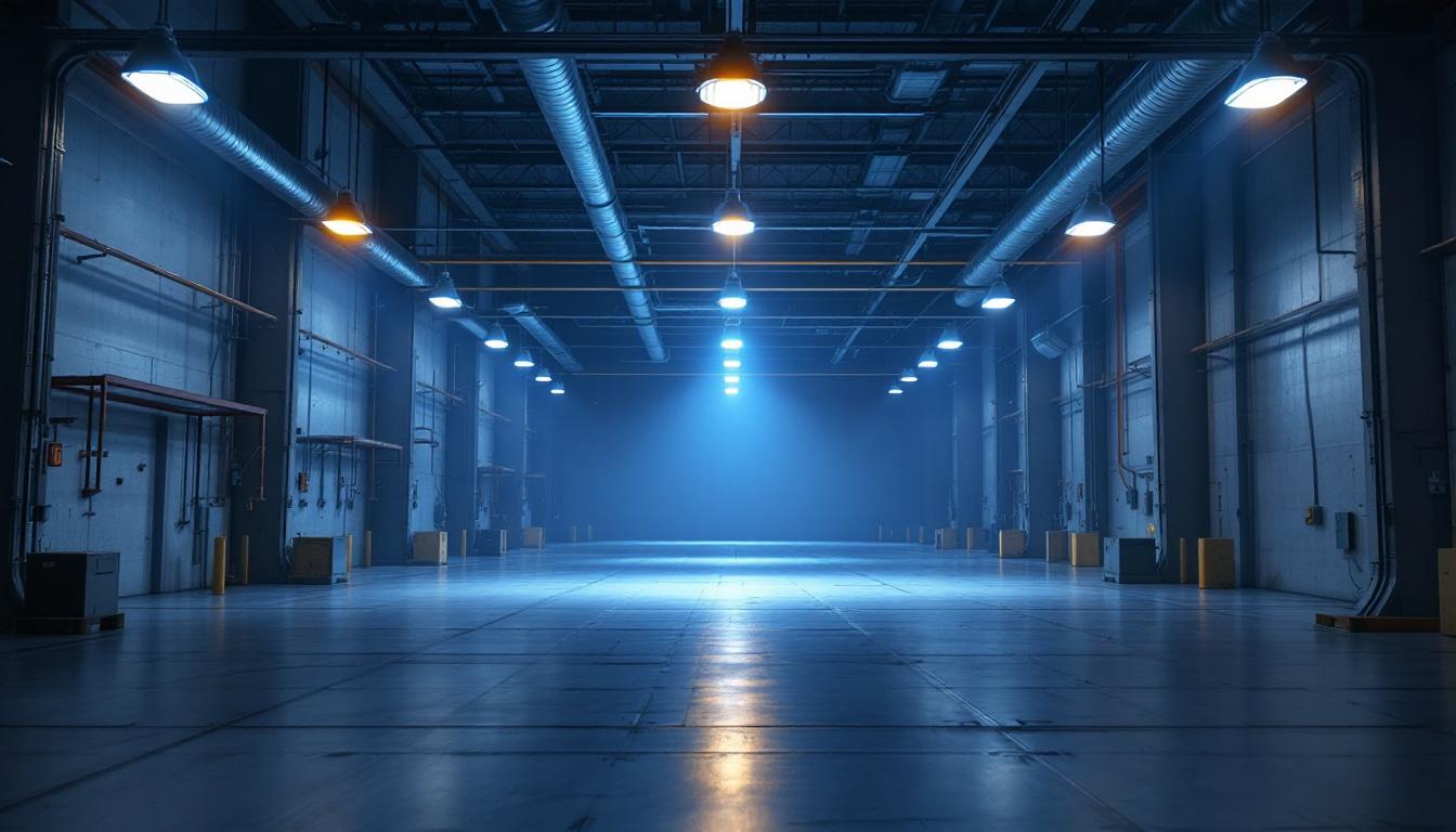 A photograph of a well-lit industrial space featuring led low bay lighting in action