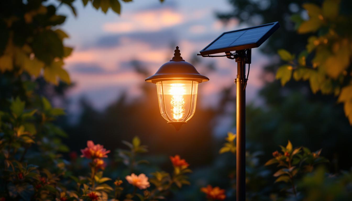 A photograph of a beautifully illuminated garden solar light post at dusk