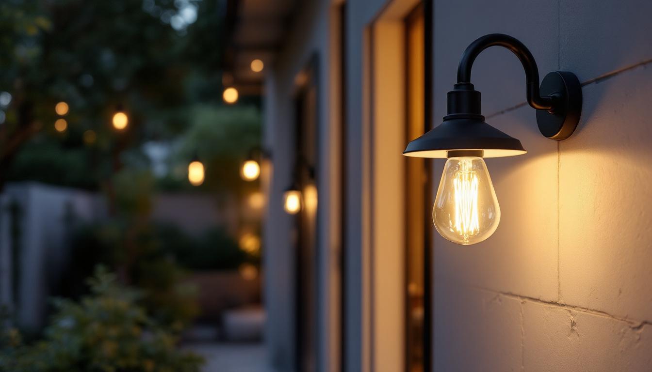 A photograph of a stylish gooseneck outdoor light fixture illuminating a charming outdoor space