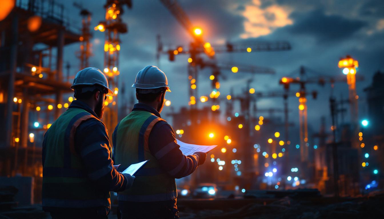 A photograph of a construction site at dusk