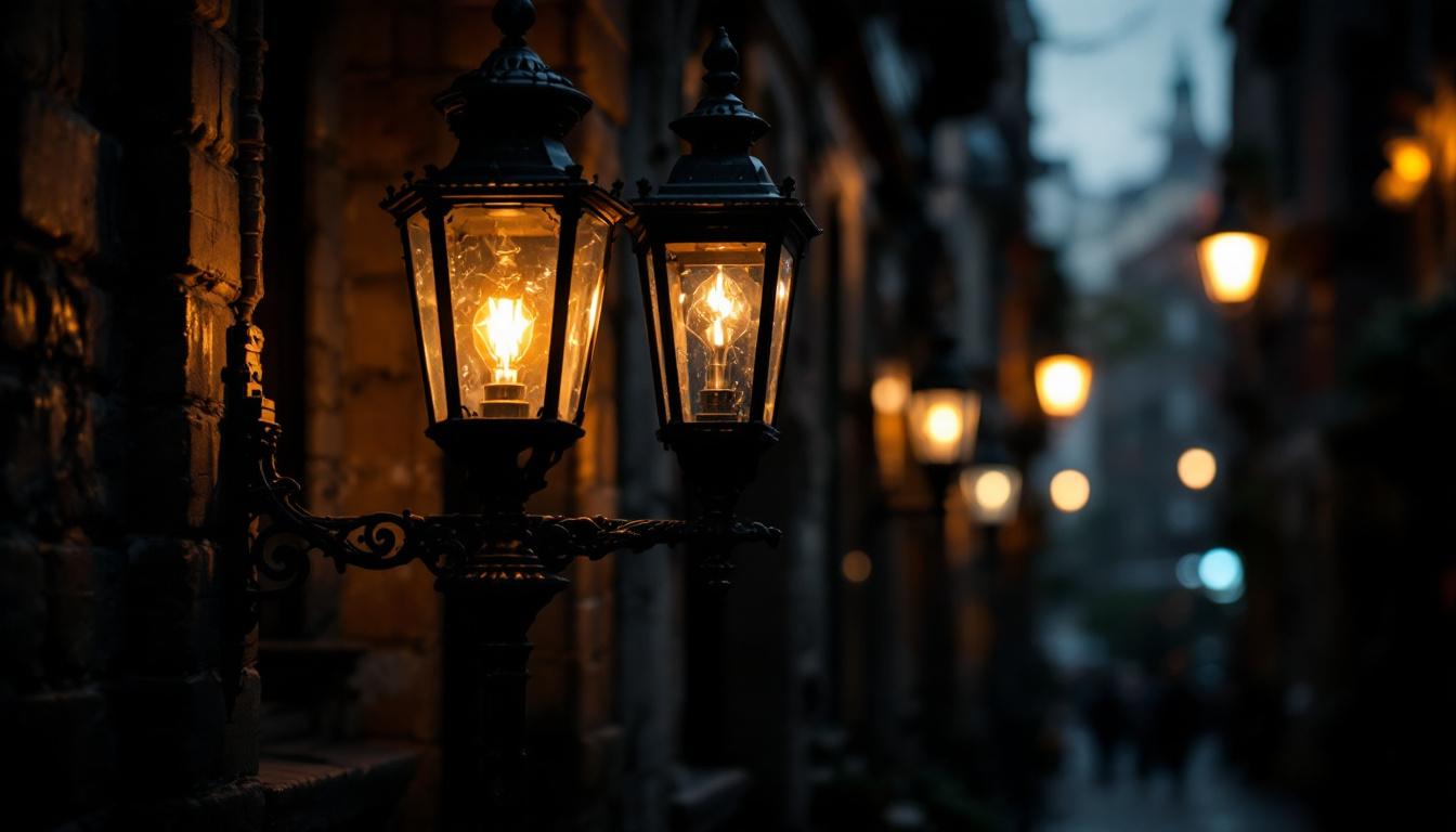 A photograph of an antique gas lamp illuminating a dimly lit historical street