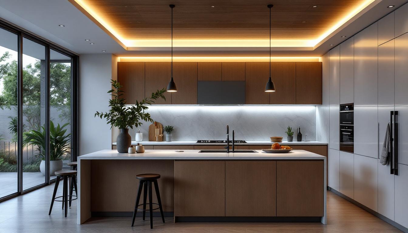 A photograph of a modern kitchen featuring sleek recessed led lights that highlight the space's design