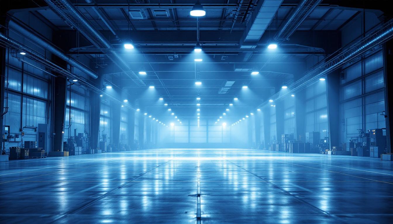 A photograph of a well-lit industrial warehouse showcasing a blend of industrial and commercial lighting fixtures