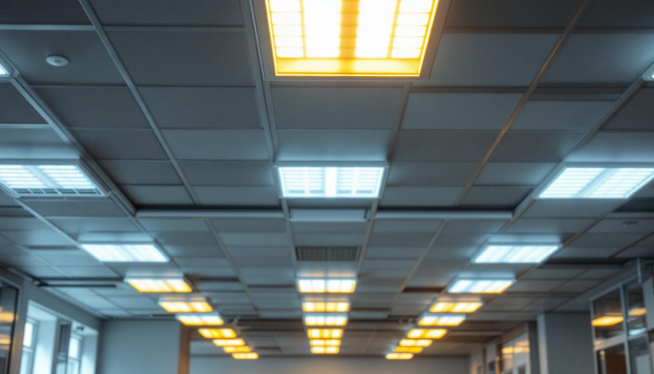 A photograph of a well-lit commercial space featuring a drop ceiling with fluorescent lights