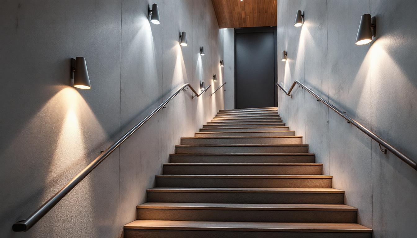 A photograph of a beautifully designed stairwell featuring a variety of stylish lighting fixtures that provide soft