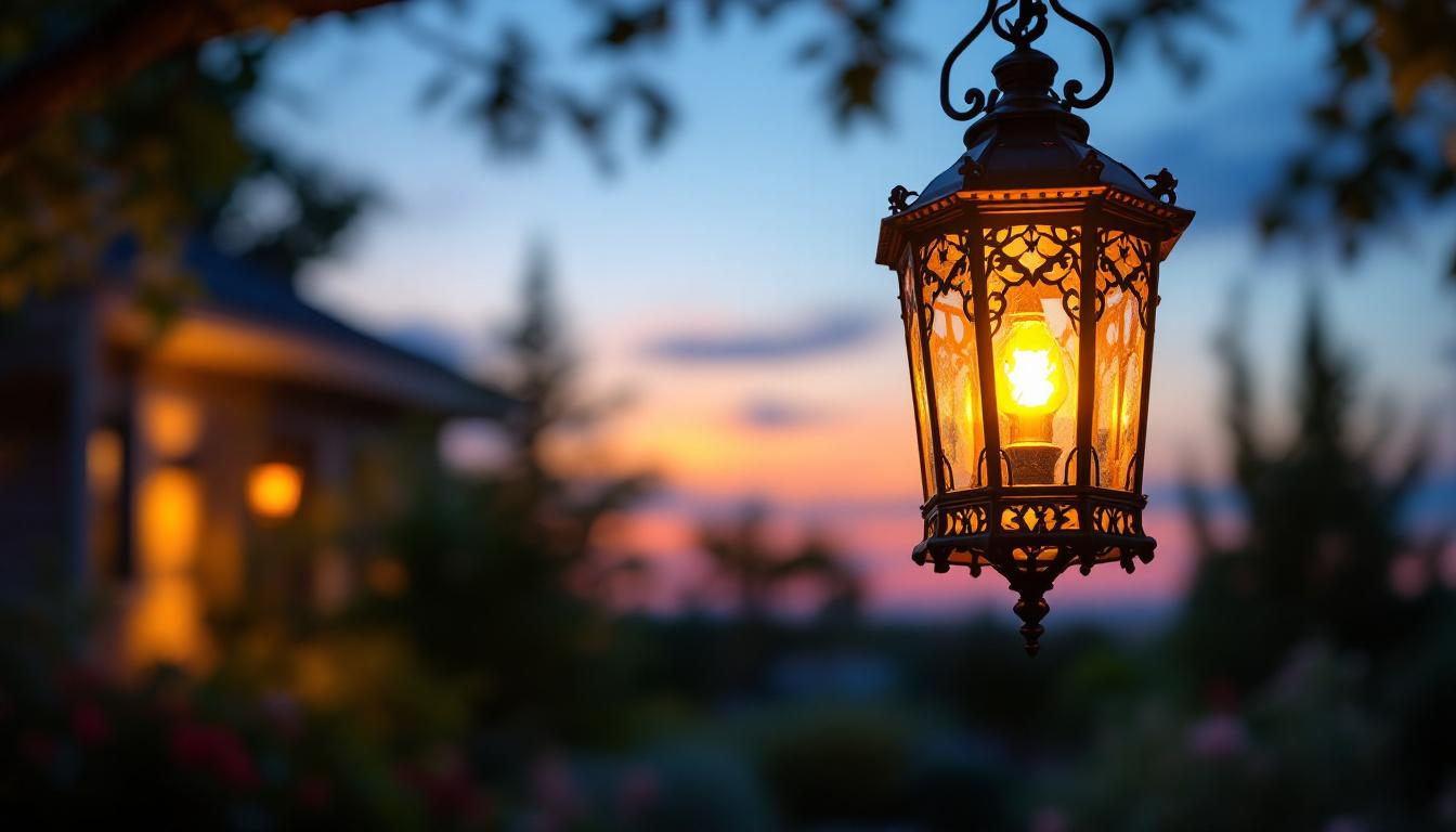 A photograph of a beautifully designed large outdoor hanging lantern illuminated at dusk