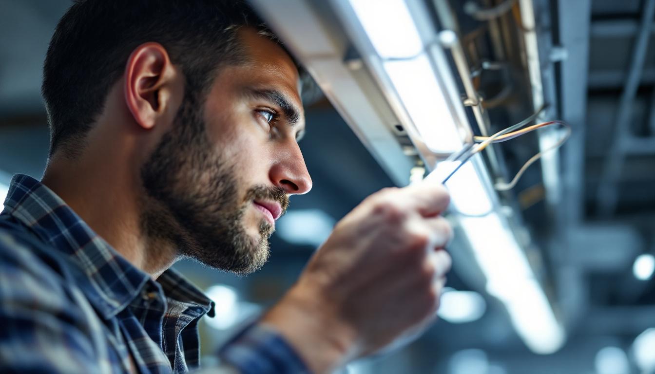 A photograph of a close-up of an electrical engineer working with led ceiling strip lighting