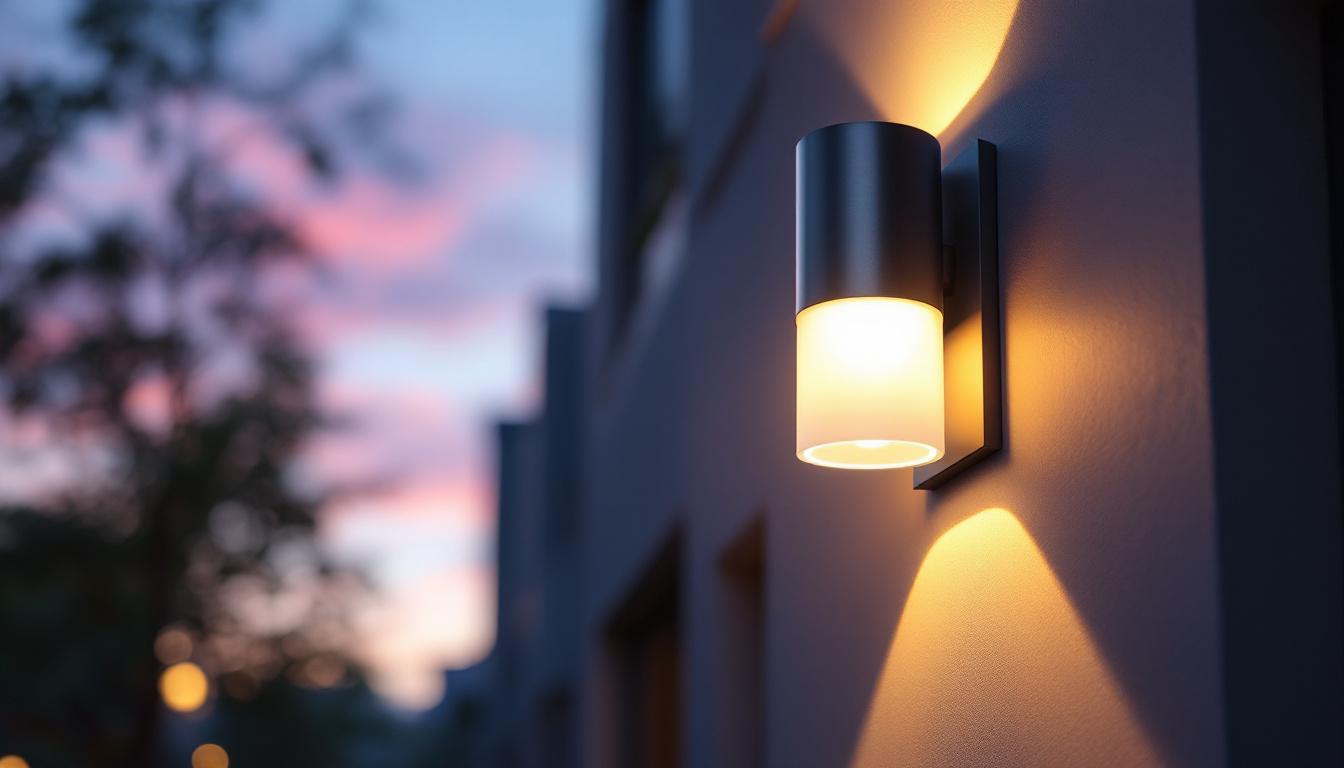 A photograph of a beautifully designed exterior cylinder wall sconce mounted on a stylish building facade during twilight