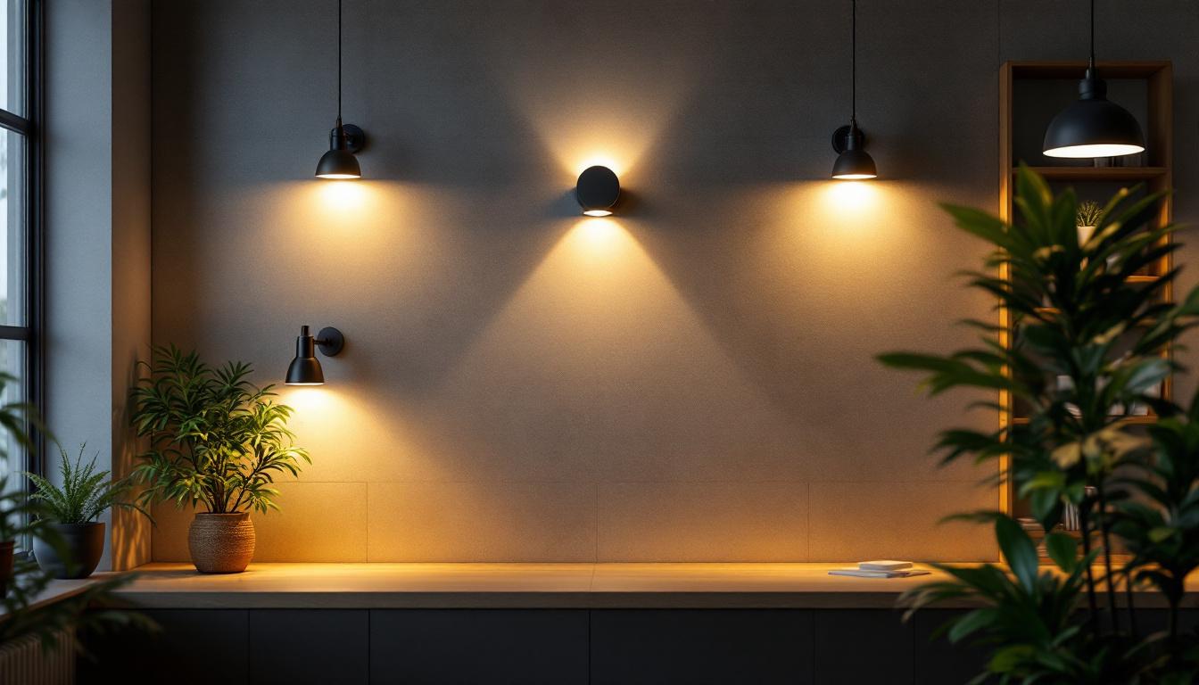 A photograph of a well-lit commercial space showcasing various styles of wall lights