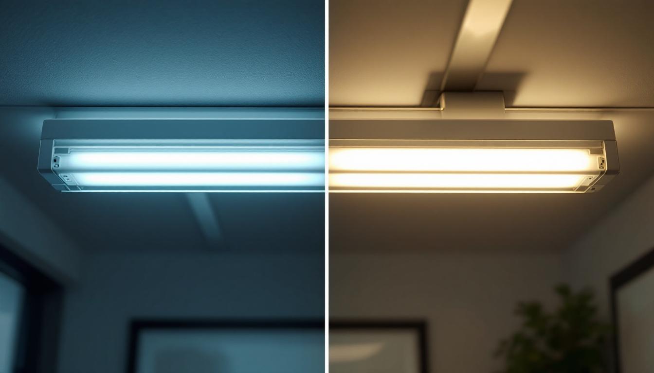 A photograph of a side-by-side comparison of a traditional fluorescent light fixture and a converted led fixture