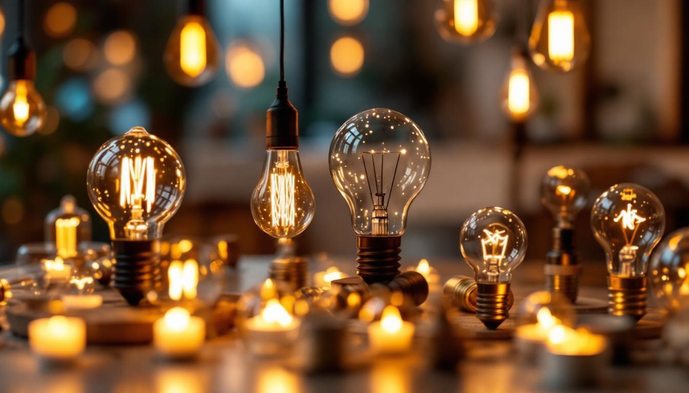 A photograph of a beautifully arranged display of various decorative light bulbs