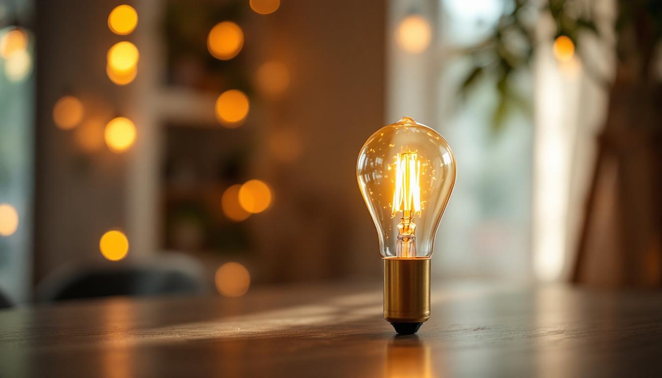 A photograph of a beautifully styled decorative lamp bulb in a cozy