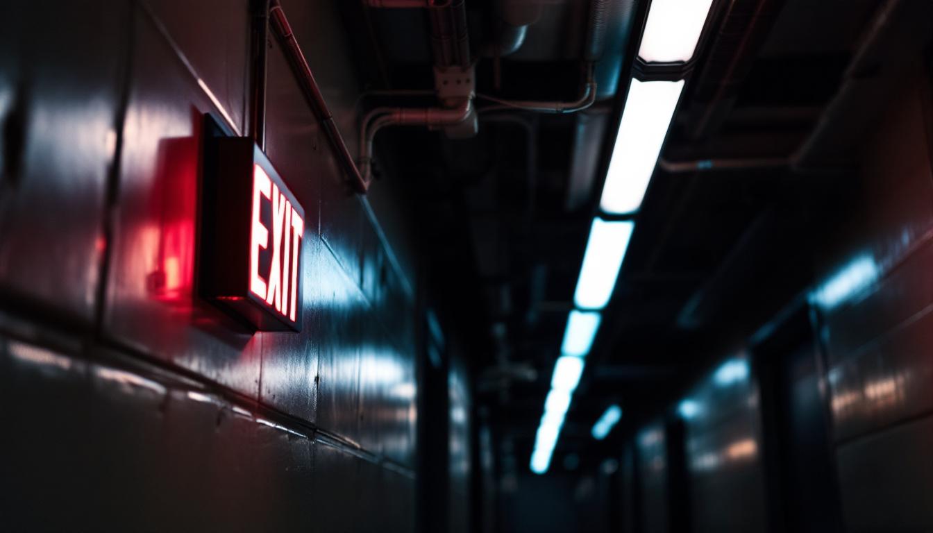 A photograph of a well-lit metal exit sign installed in a dimly lit corridor