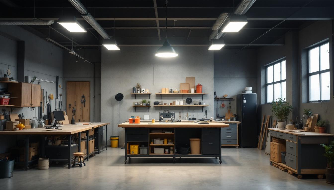 A photograph of a well-lit workshop or garage space featuring an 8-foot shop light installed above workstations