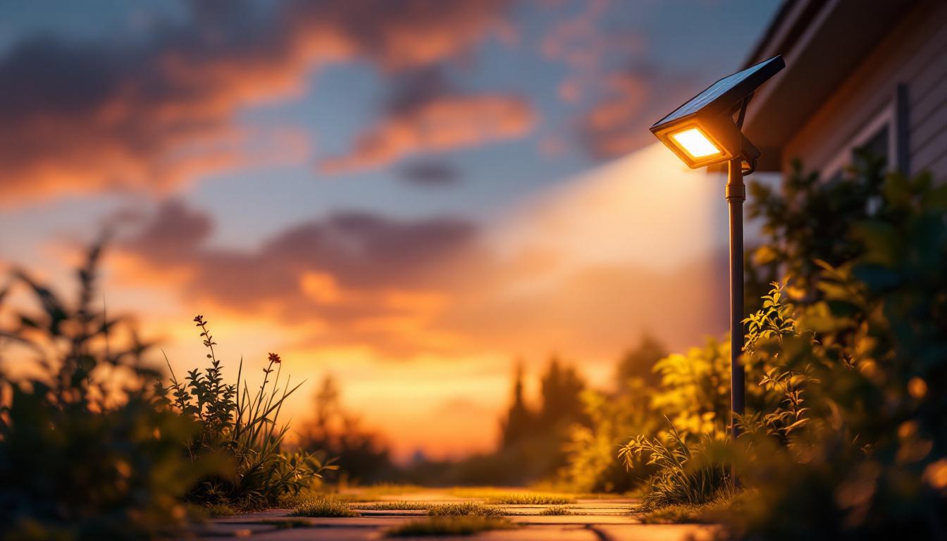 A photograph of a solar-powered flood light illuminating a pathway or garden at dusk