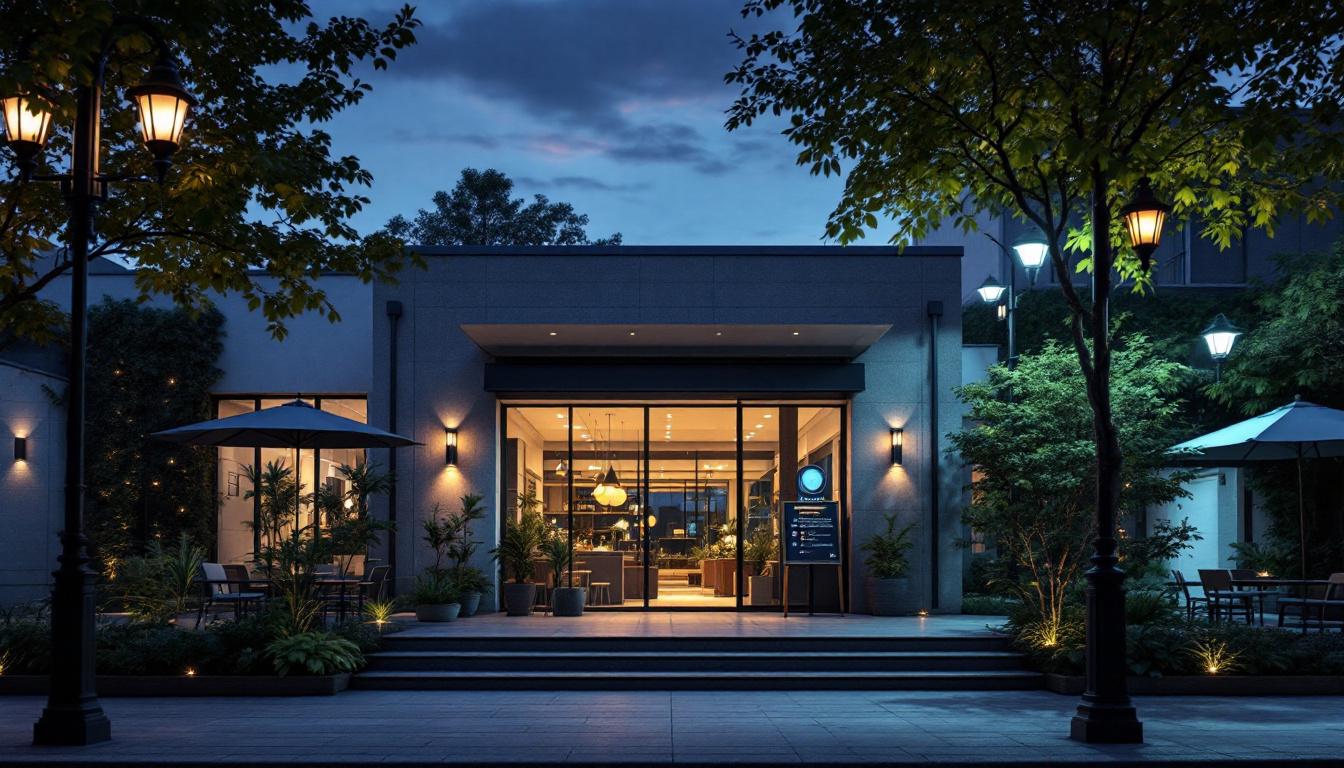 A photograph of a well-lit commercial exterior space at dusk