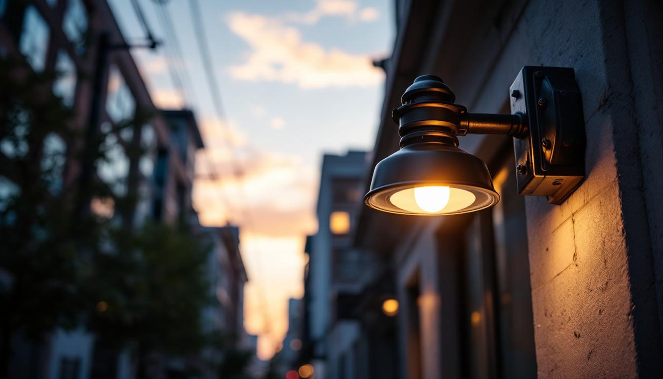 A photograph of an industrial outdoor light fixture installed in a dynamic urban setting during twilight