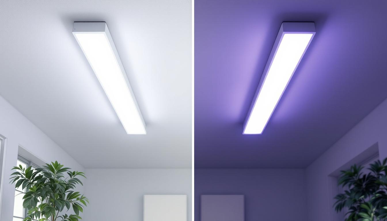 A photograph of a side-by-side comparison of a fluorescent light fixture and an led light fixture in a well-lit room