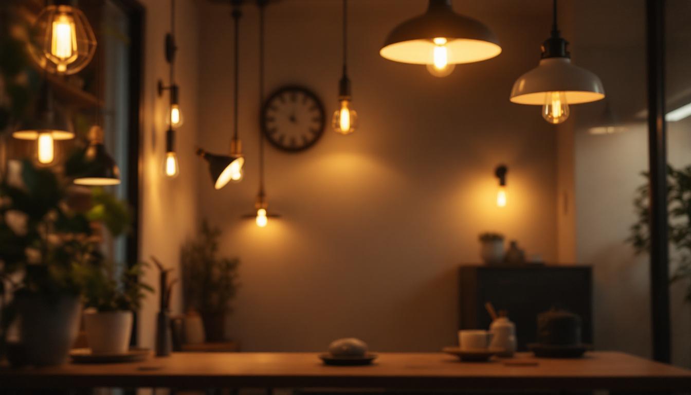 A photograph of a well-lit interior space showcasing a variety of stylish light fixtures