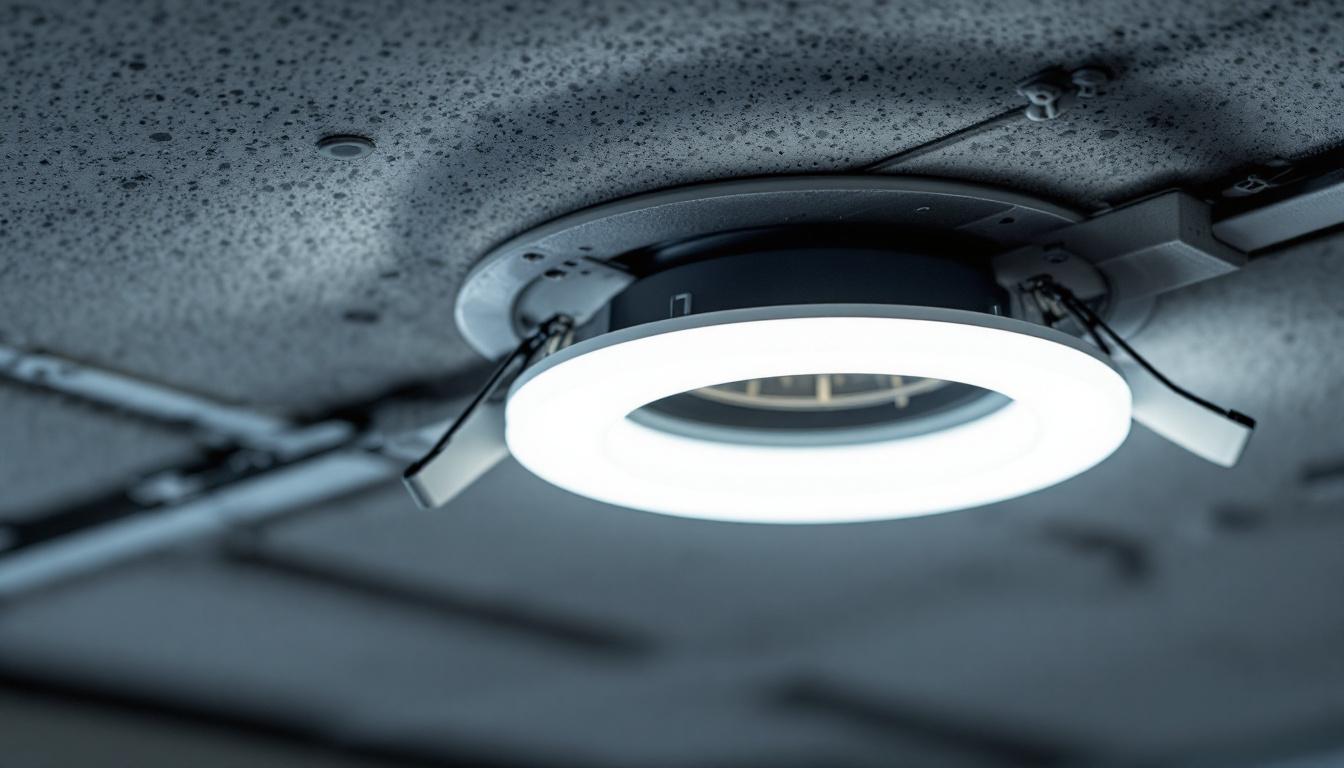 A photograph of a close-up view of a 4-inch can light trim ring installed in a ceiling