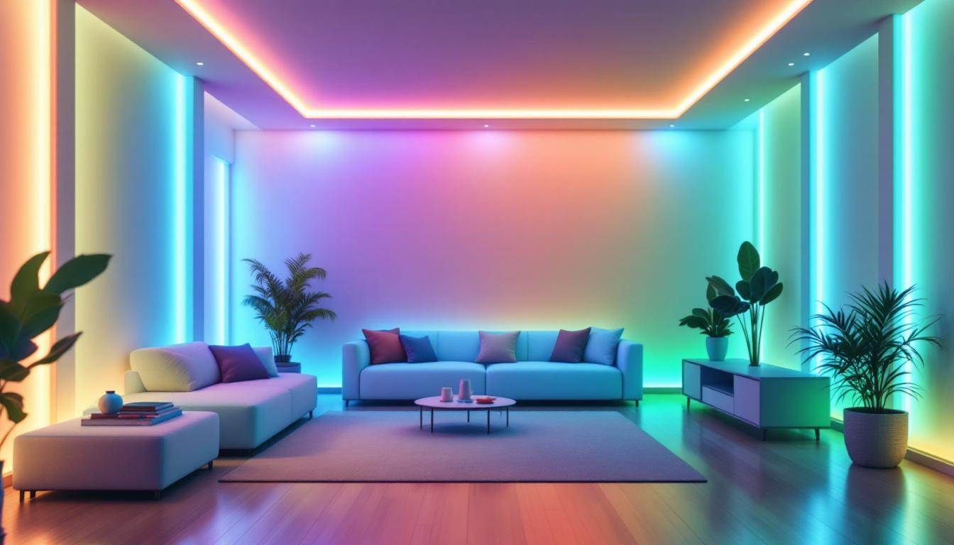 A photograph of a beautifully designed room illuminated by vibrant 4' led strip lights